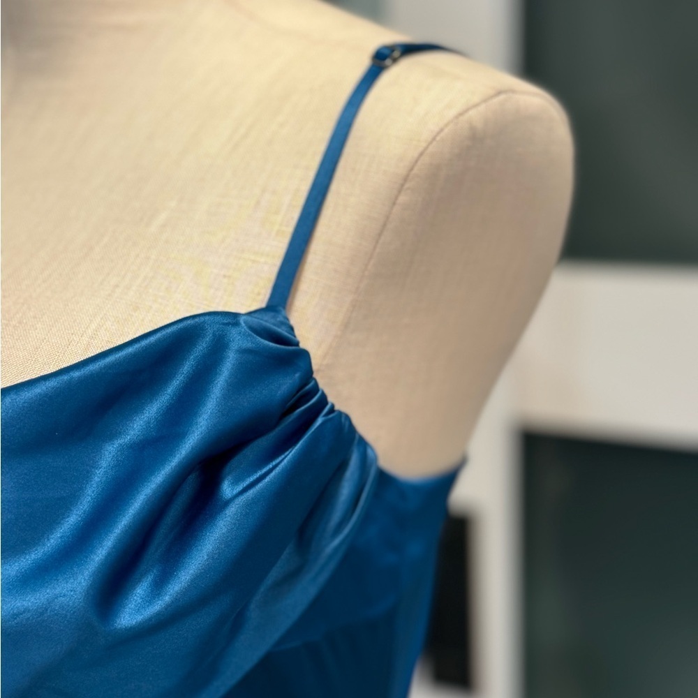 OH POLLY size 10 mini spaghetti strap cerulean blue mini satin dress - Picture 4 of 16